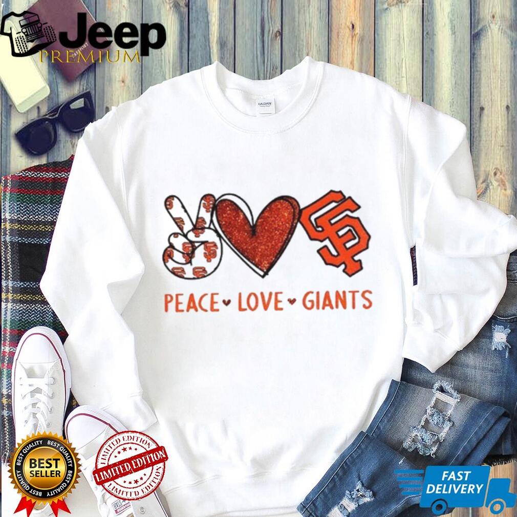 San Francisco Giants Peace Love Giants Red Glitter Baseball T shirt