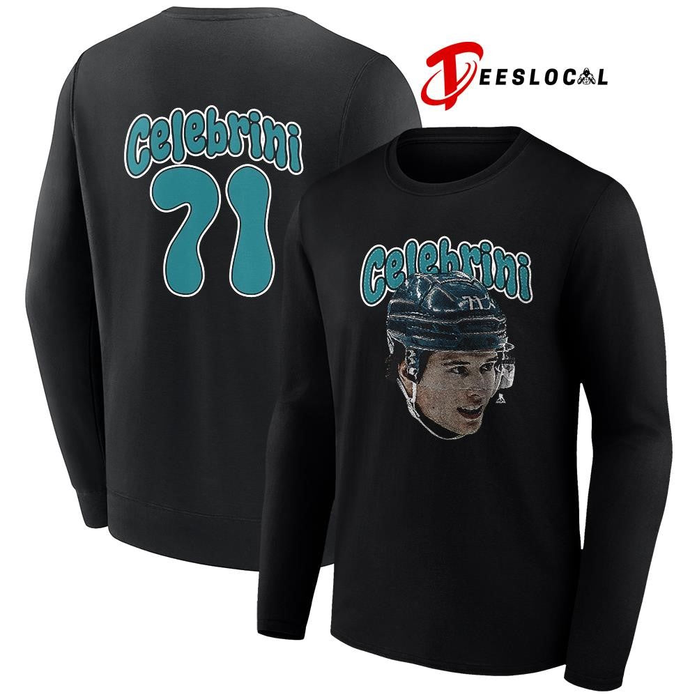 San Jose Sharks Macklin Celebrini portrait name and number shirt