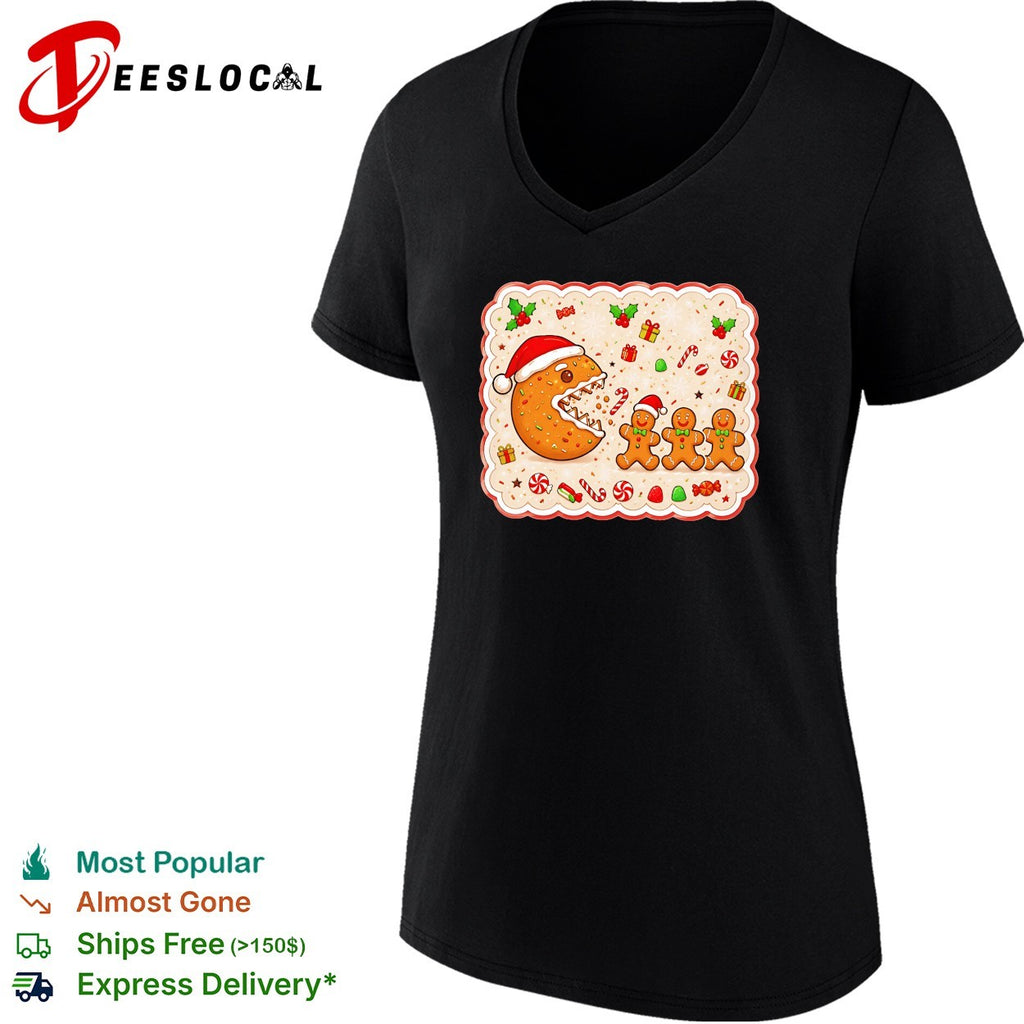 Santa cookie monster eating gingerbread men Christmas holiday festive art shirt