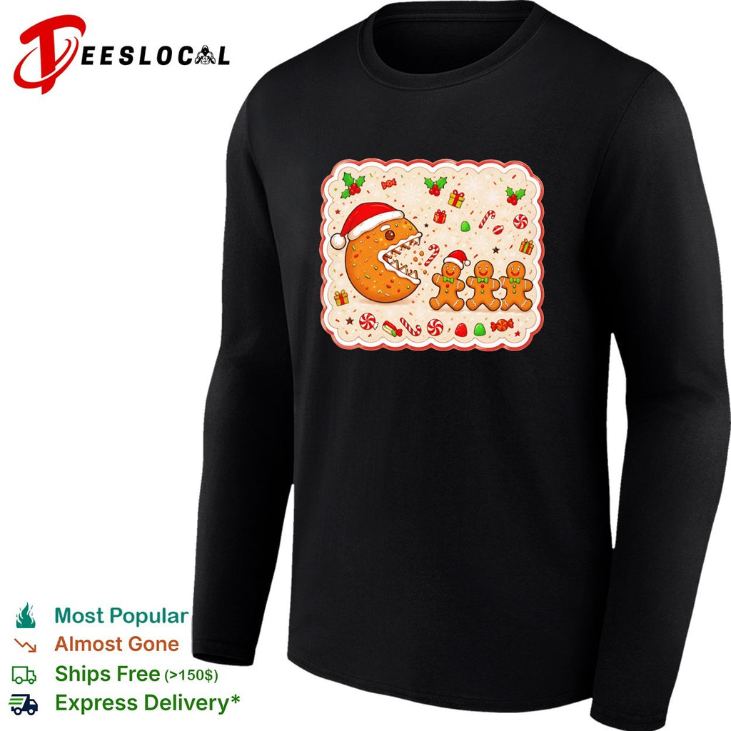Santa cookie monster eating gingerbread men Christmas holiday festive art shirt