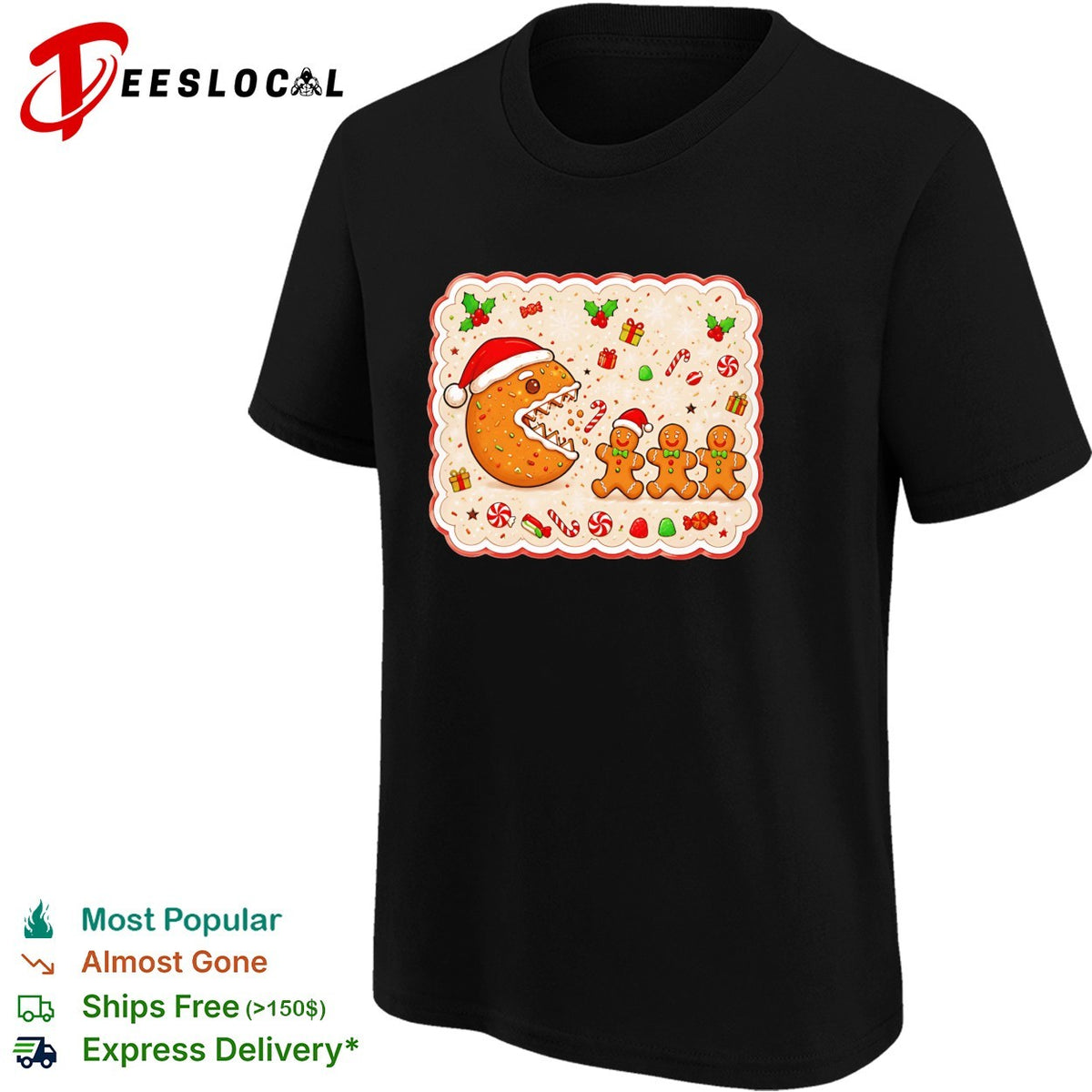 Santa cookie monster eating gingerbread men Christmas holiday festive art shirt