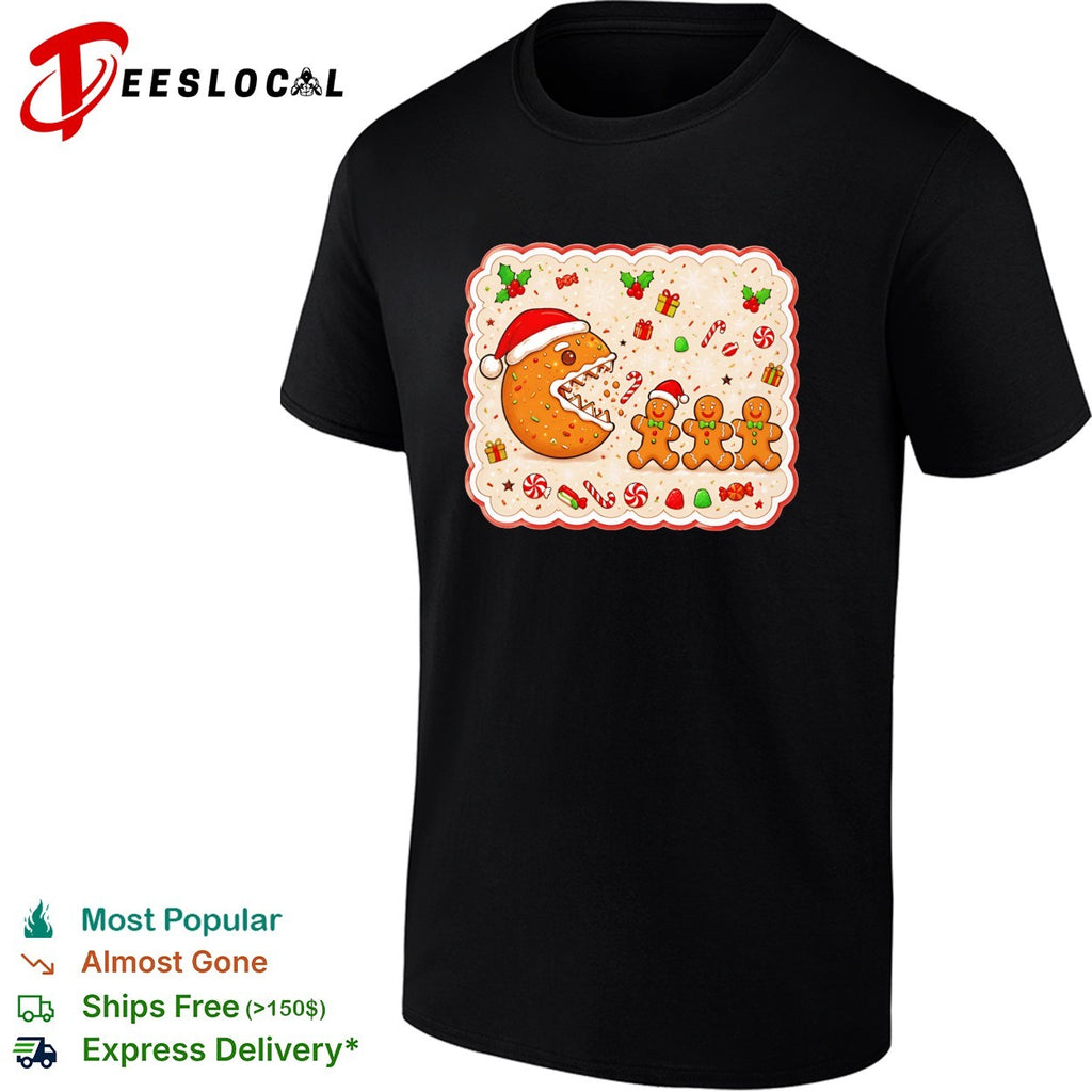 Santa cookie monster eating gingerbread men Christmas holiday festive art shirt