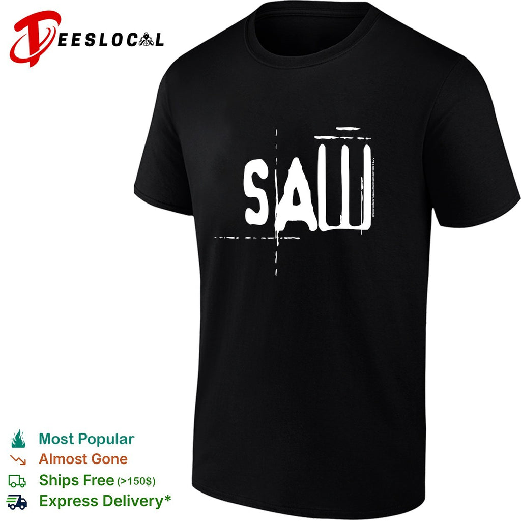 Saw stylized horror logo bold text shirt