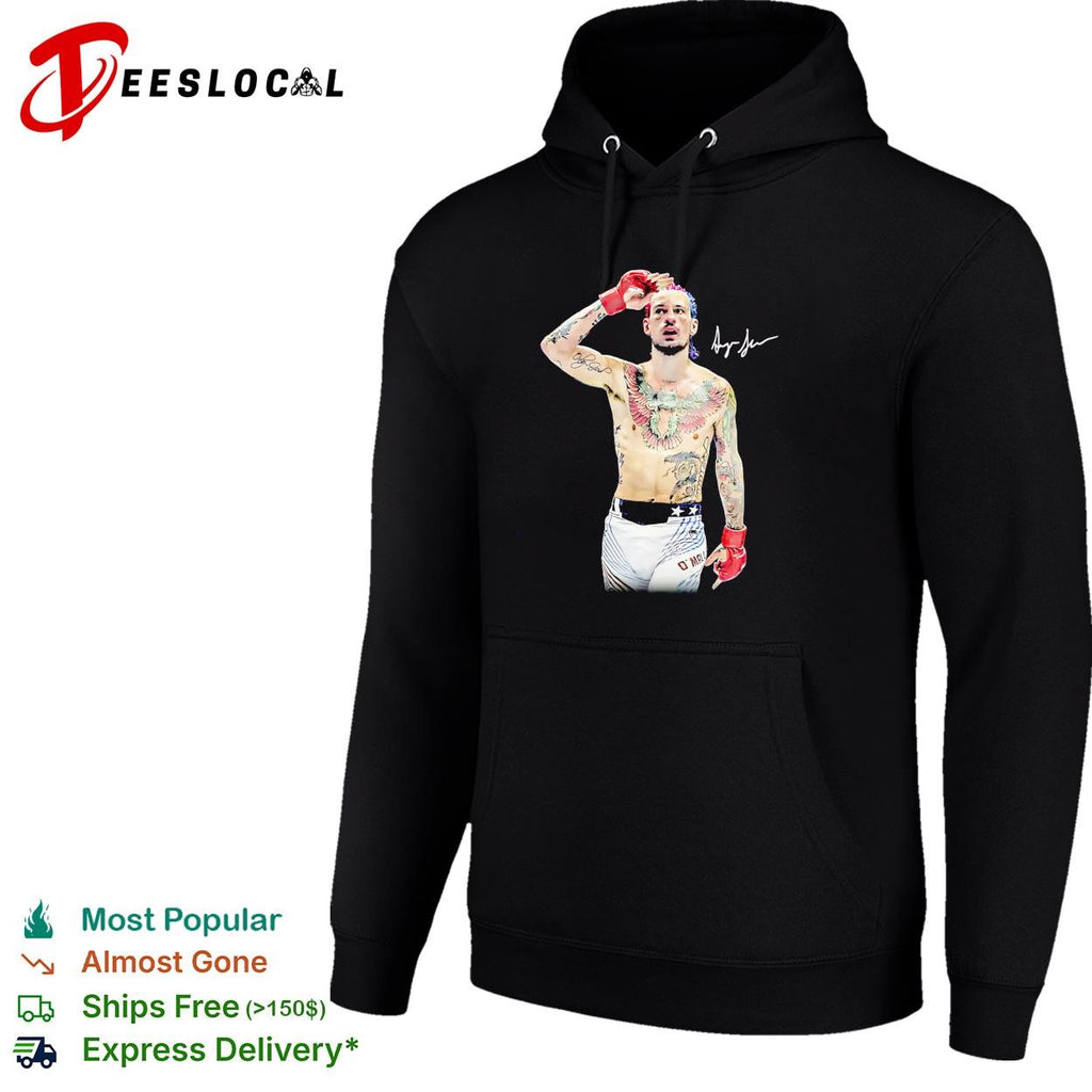 Sean O’Malley tattooed fighter prayer pose red gloves signature poster shirt