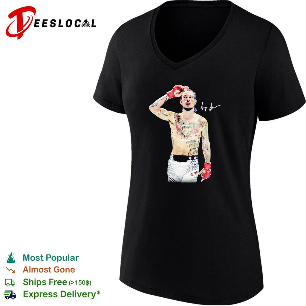 Sean O’Malley tattooed fighter prayer pose red gloves signature poster shirt