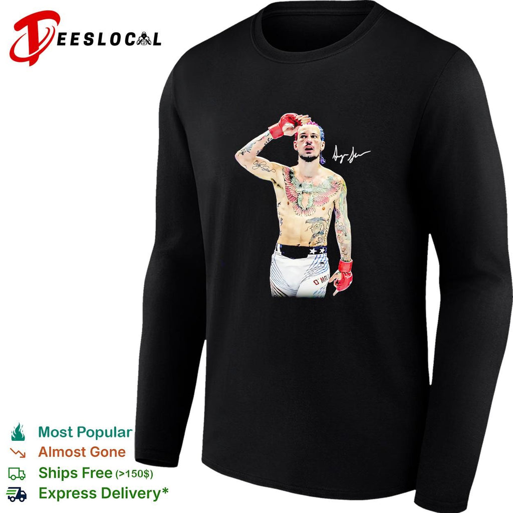 Sean O’Malley tattooed fighter prayer pose red gloves signature poster shirt