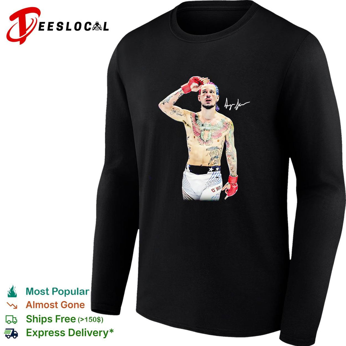 Sean O’Malley tattooed fighter prayer pose red gloves signature poster shirt