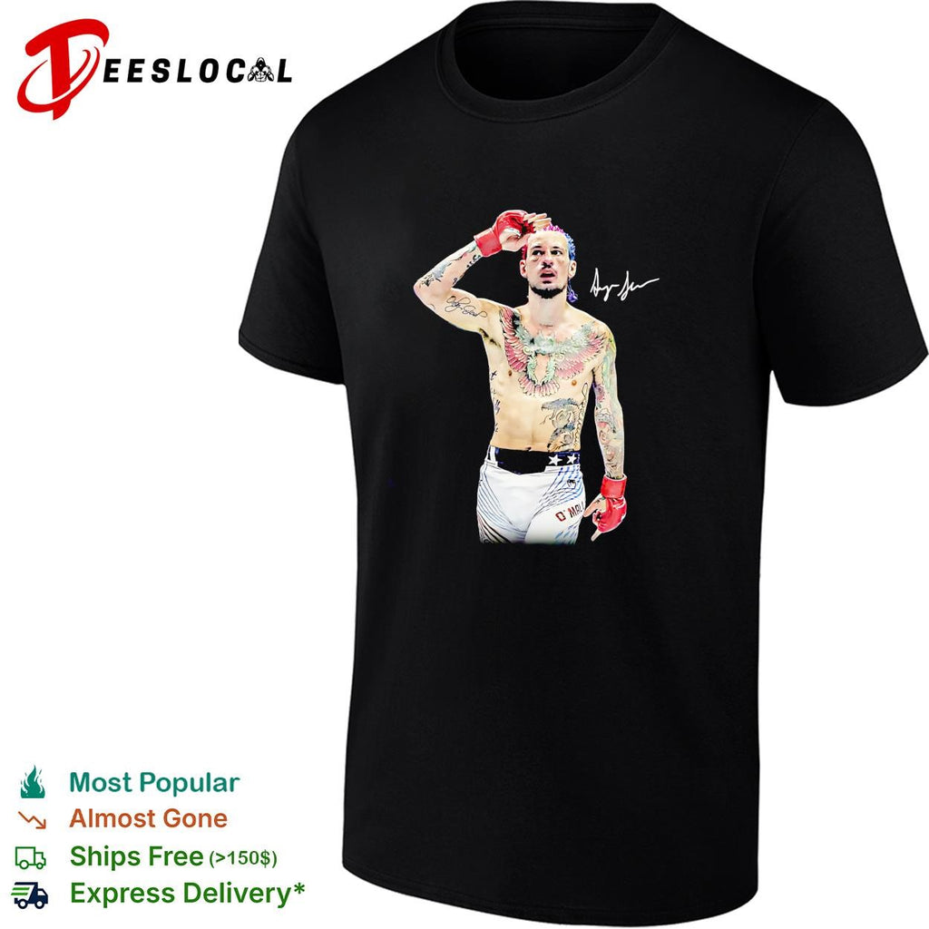 Sean O’Malley tattooed fighter prayer pose red gloves signature poster shirt