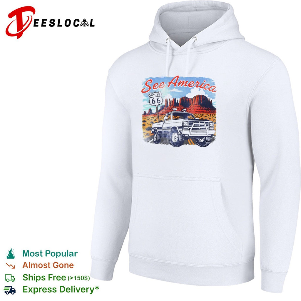See America Route 66 desert pickup truck and red rocks vintage shirt