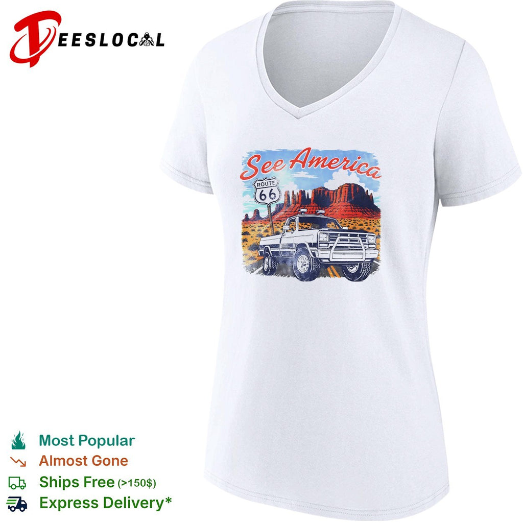 See America Route 66 desert pickup truck and red rocks vintage shirt
