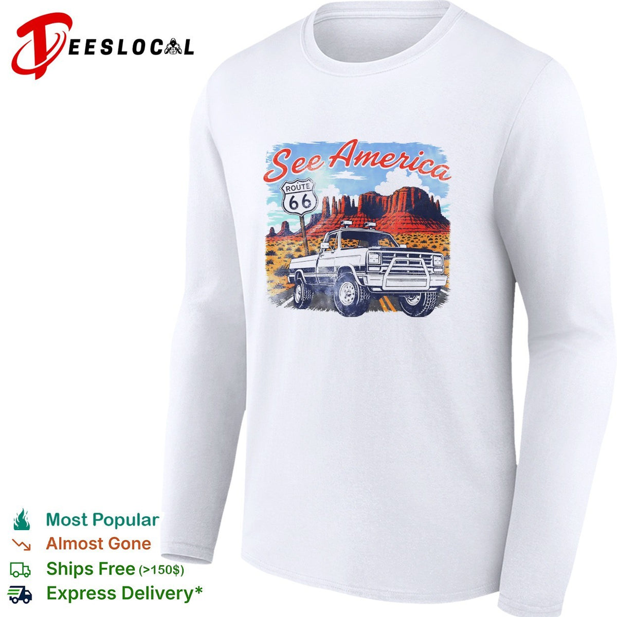 See America Route 66 desert pickup truck and red rocks vintage shirt