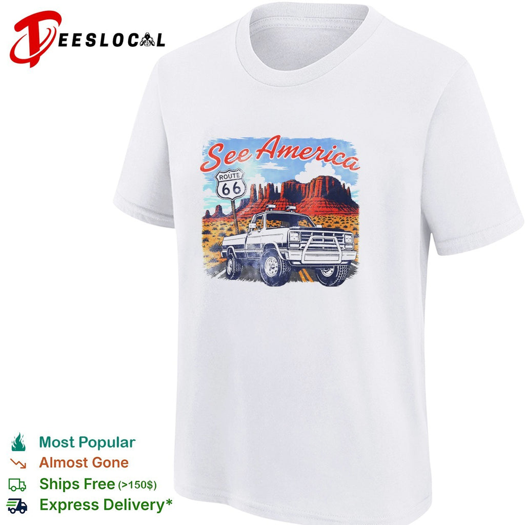 See America Route 66 desert pickup truck and red rocks vintage shirt