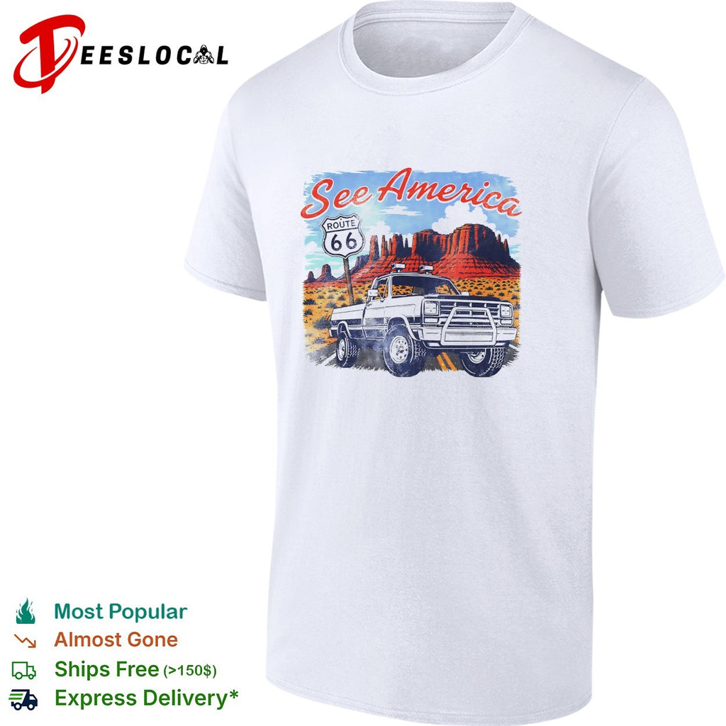 See America Route 66 desert pickup truck and red rocks vintage shirt