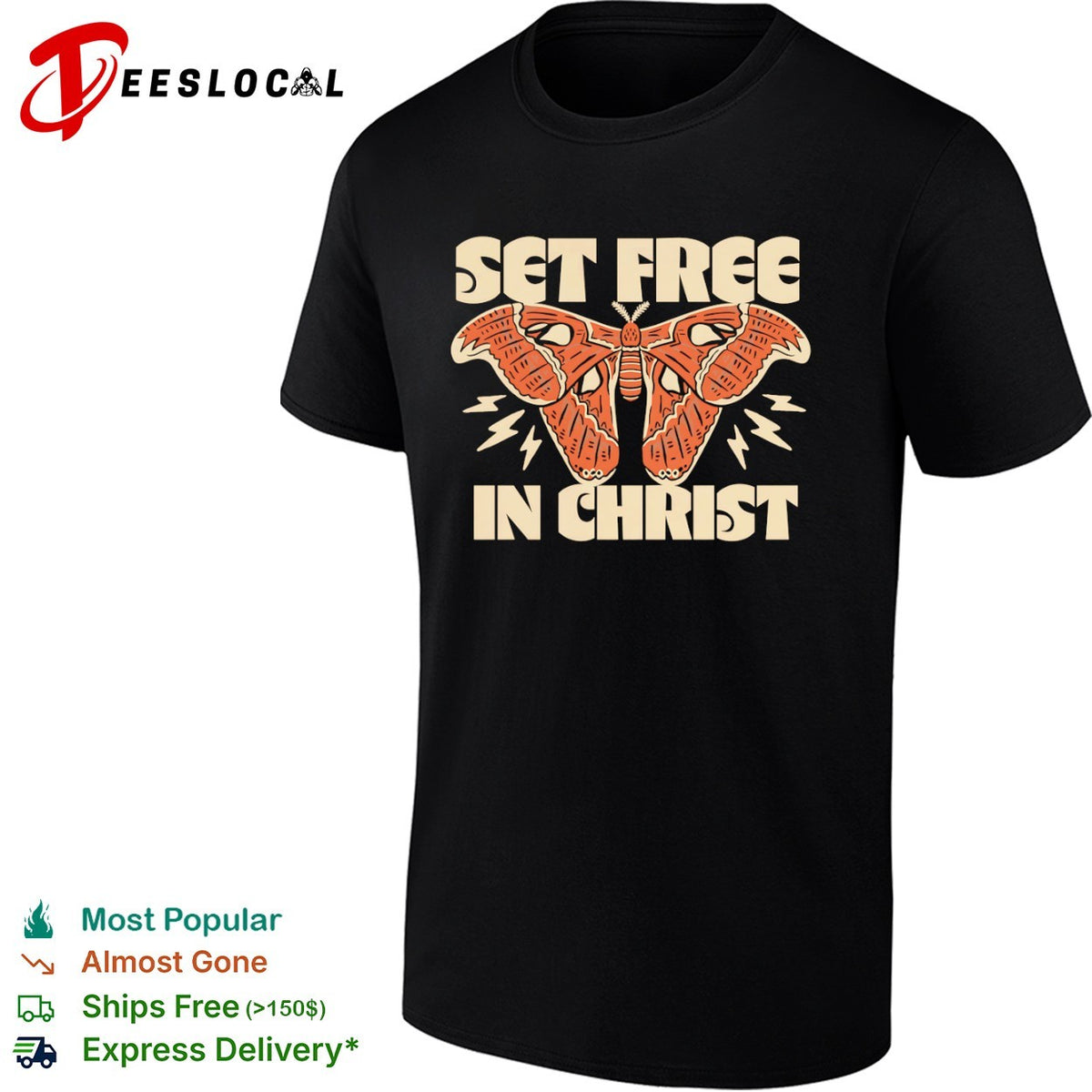 Set Free in Christ Moth Lightning Bolt shirt