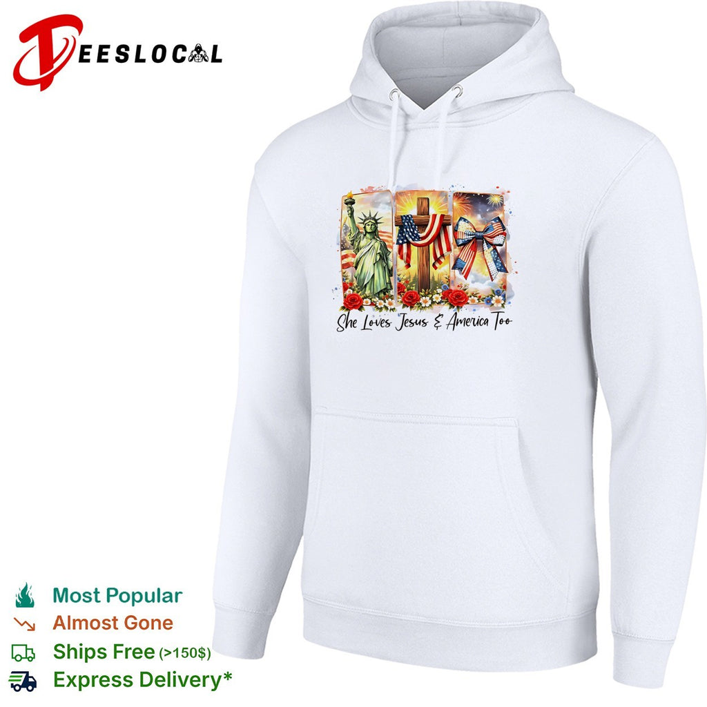 She loves Jesus and America too Statue of Liberty cross fireworks roses shirt