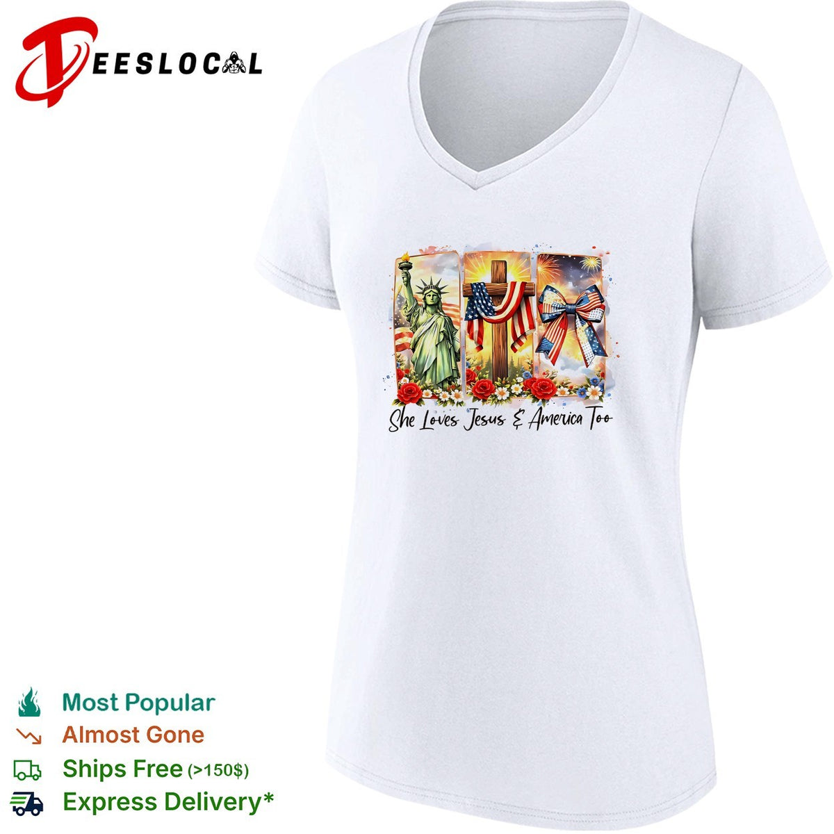 She loves Jesus and America too Statue of Liberty cross fireworks roses shirt