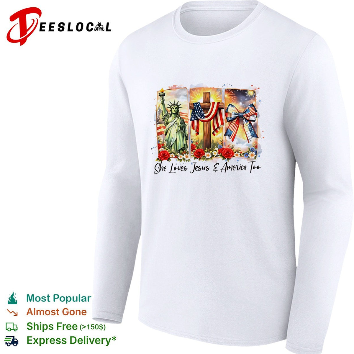 She loves Jesus and America too Statue of Liberty cross fireworks roses shirt