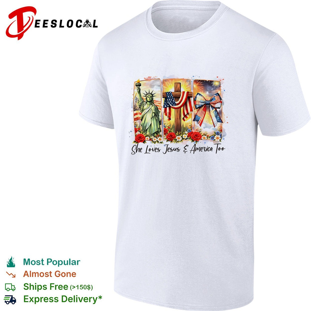 She loves Jesus and America too Statue of Liberty cross fireworks roses shirt