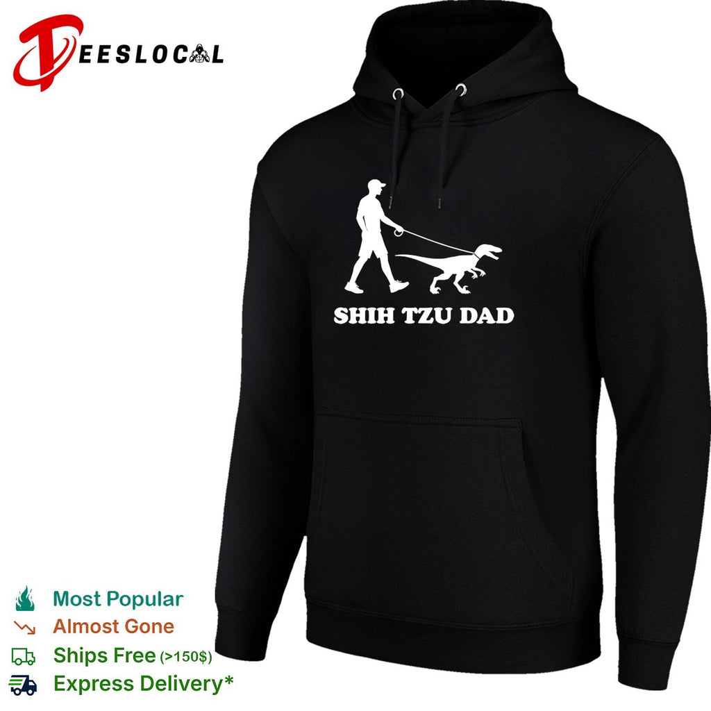 Shih Tzu Dad man walking velociraptor dinosaur on leash humor silhouette shirt