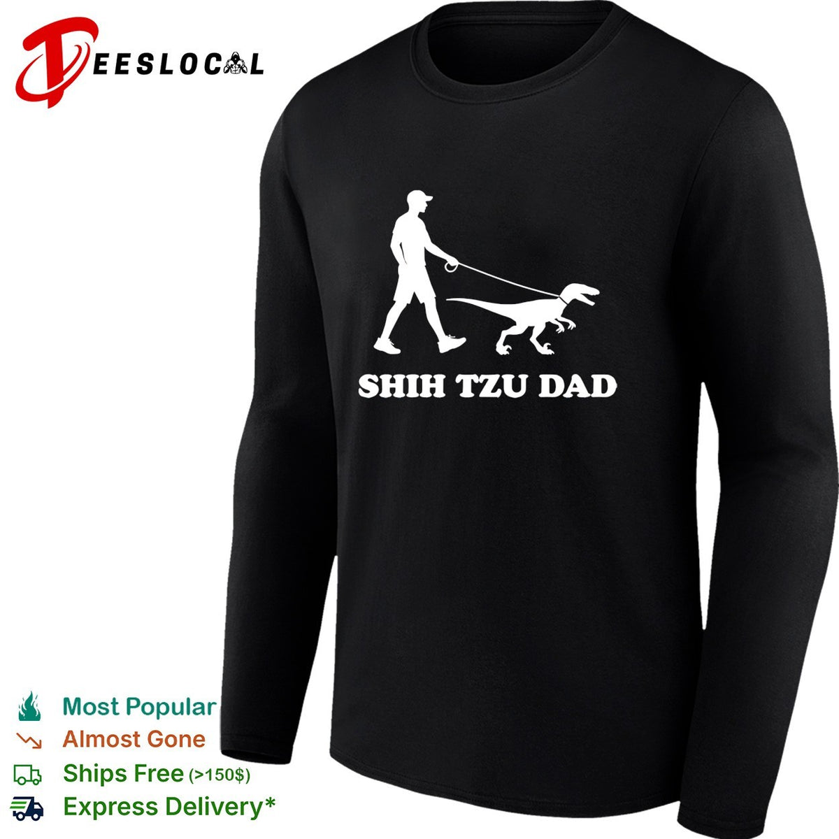 Shih Tzu Dad man walking velociraptor dinosaur on leash humor silhouette shirt
