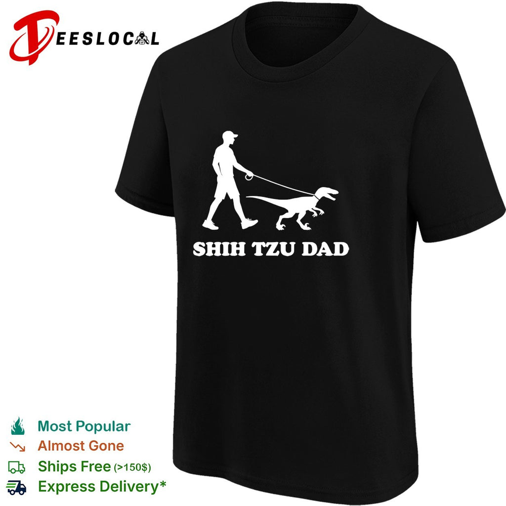 Shih Tzu Dad man walking velociraptor dinosaur on leash humor silhouette shirt
