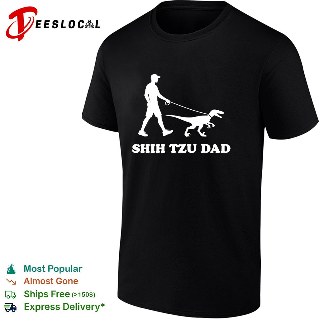Shih Tzu Dad man walking velociraptor dinosaur on leash humor silhouette shirt