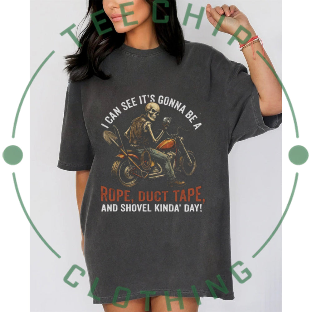 Skeleton Biker “Rope Duct Tape and Shovel” Dark Humor T Shirt