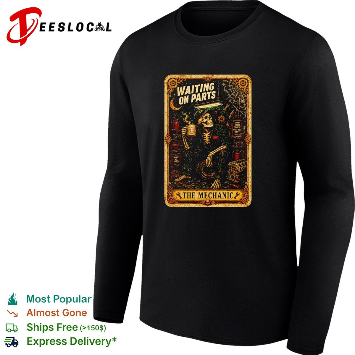 Skeleton waiting on parts The mechanic tarot card illustration shirt