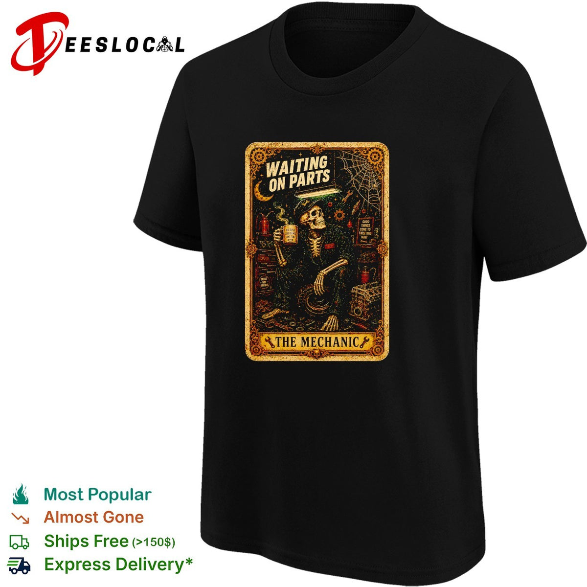 Skeleton waiting on parts The mechanic tarot card illustration shirt