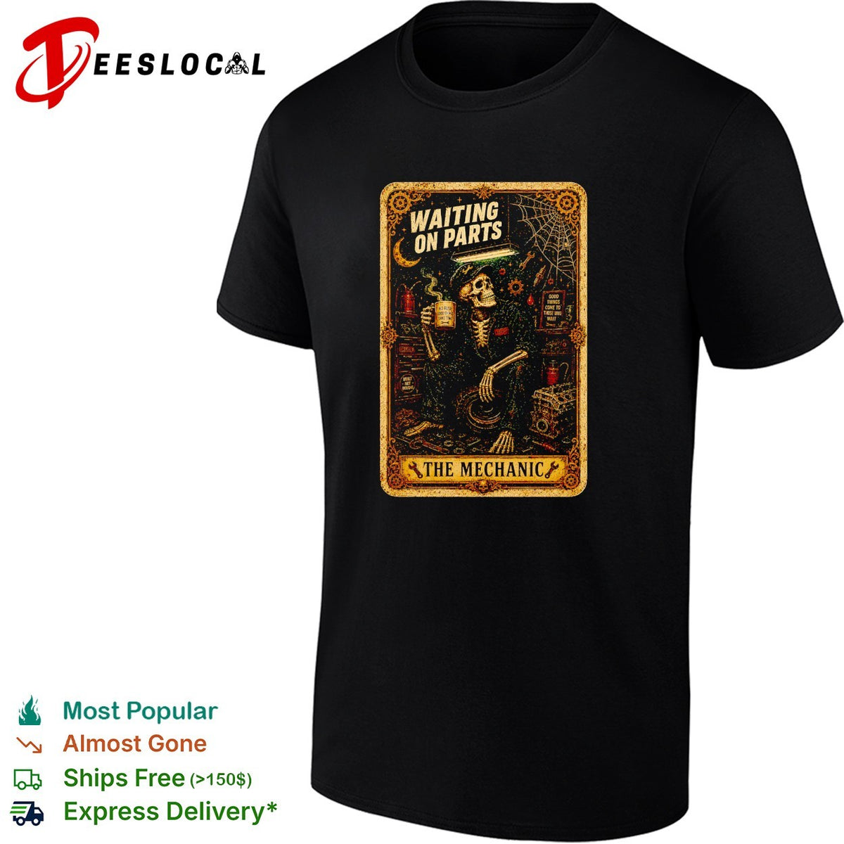 Skeleton waiting on parts The mechanic tarot card illustration shirt