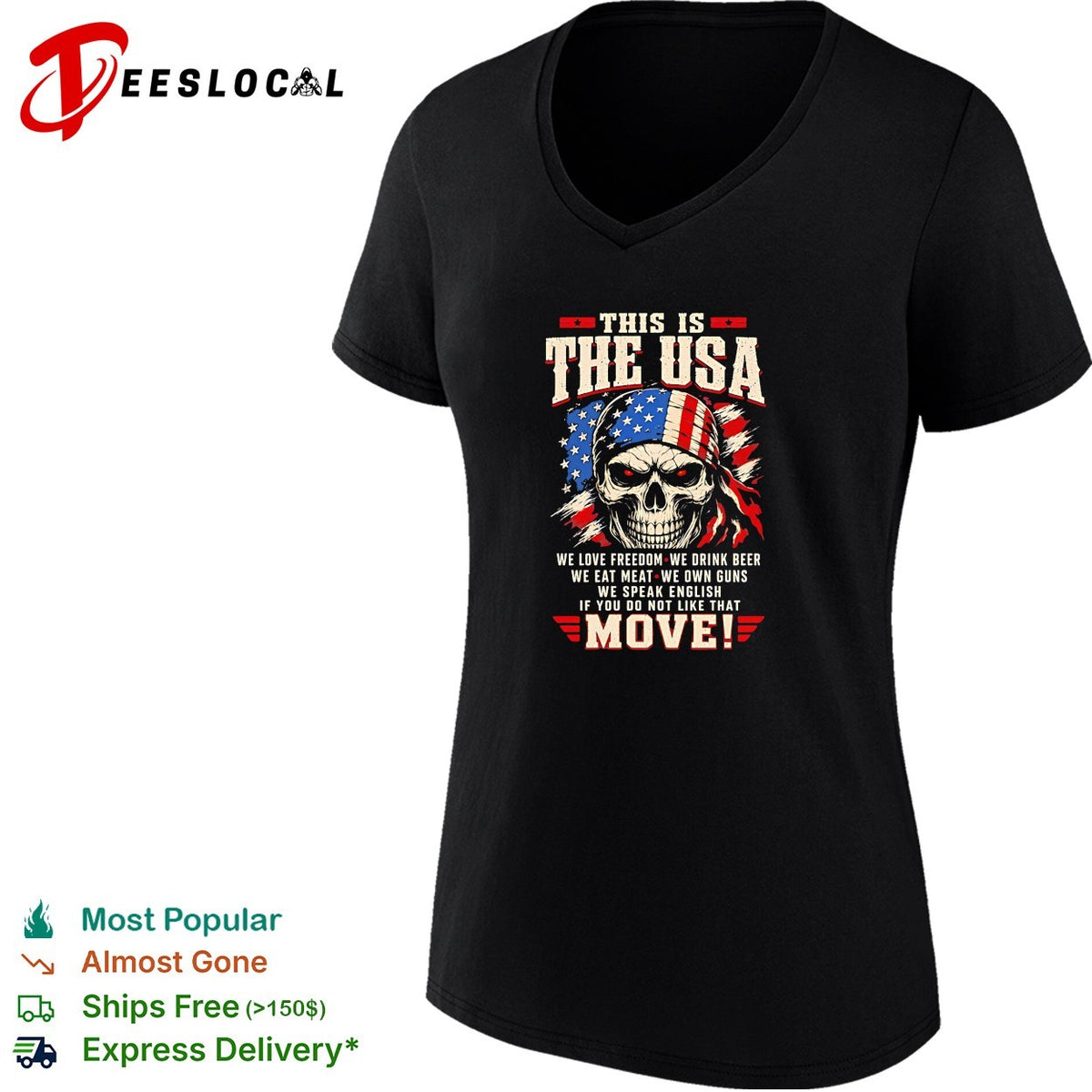 Skull wearing USA headband This is the usa we love freedom we drink beer we eat meat we own guns shirt