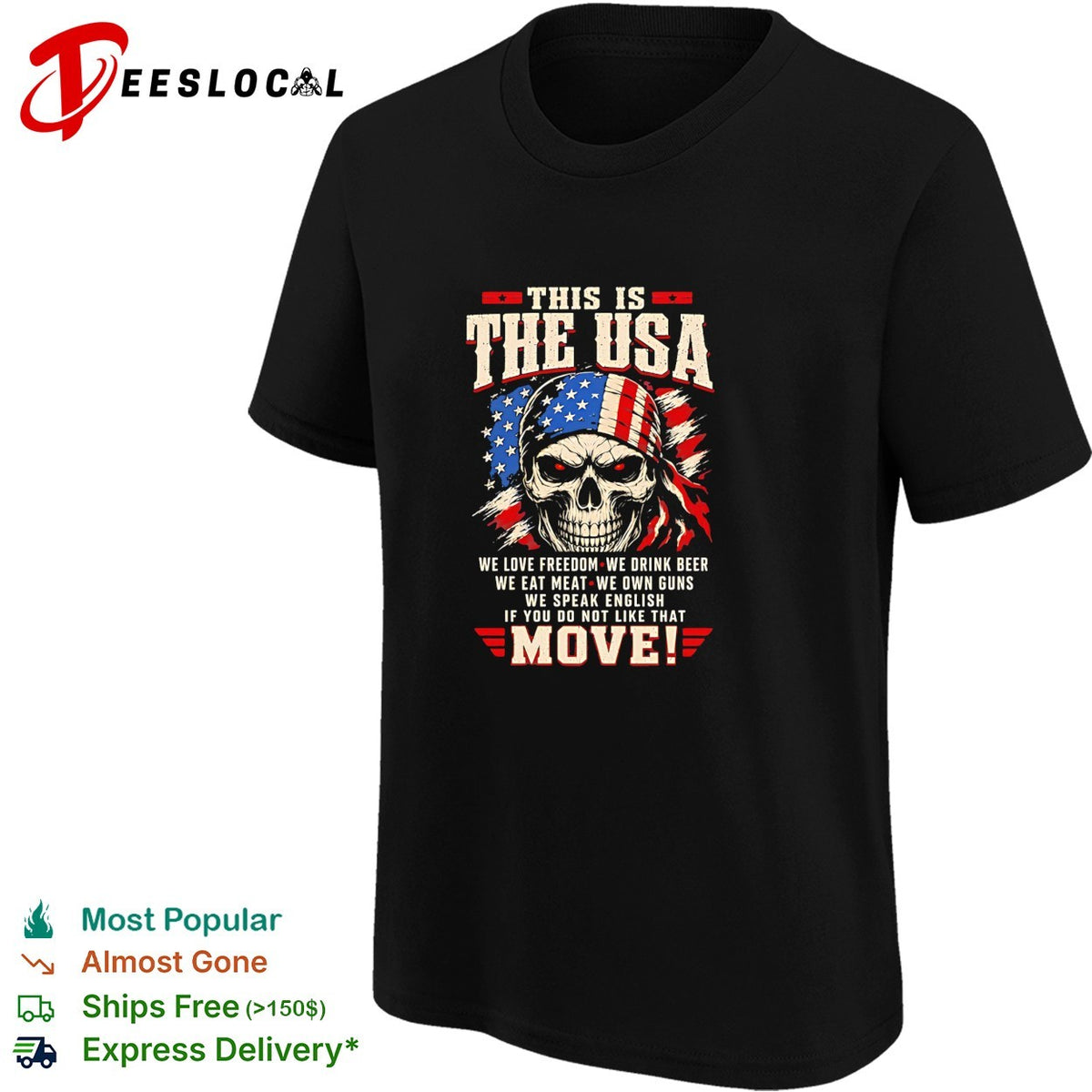 Skull wearing USA headband This is the usa we love freedom we drink beer we eat meat we own guns shirt