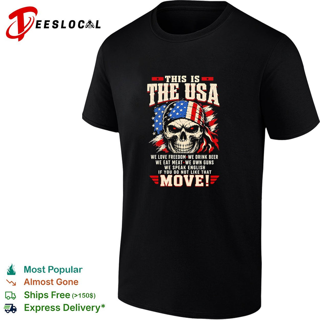 Skull wearing USA headband This is the usa we love freedom we drink beer we eat meat we own guns shirt