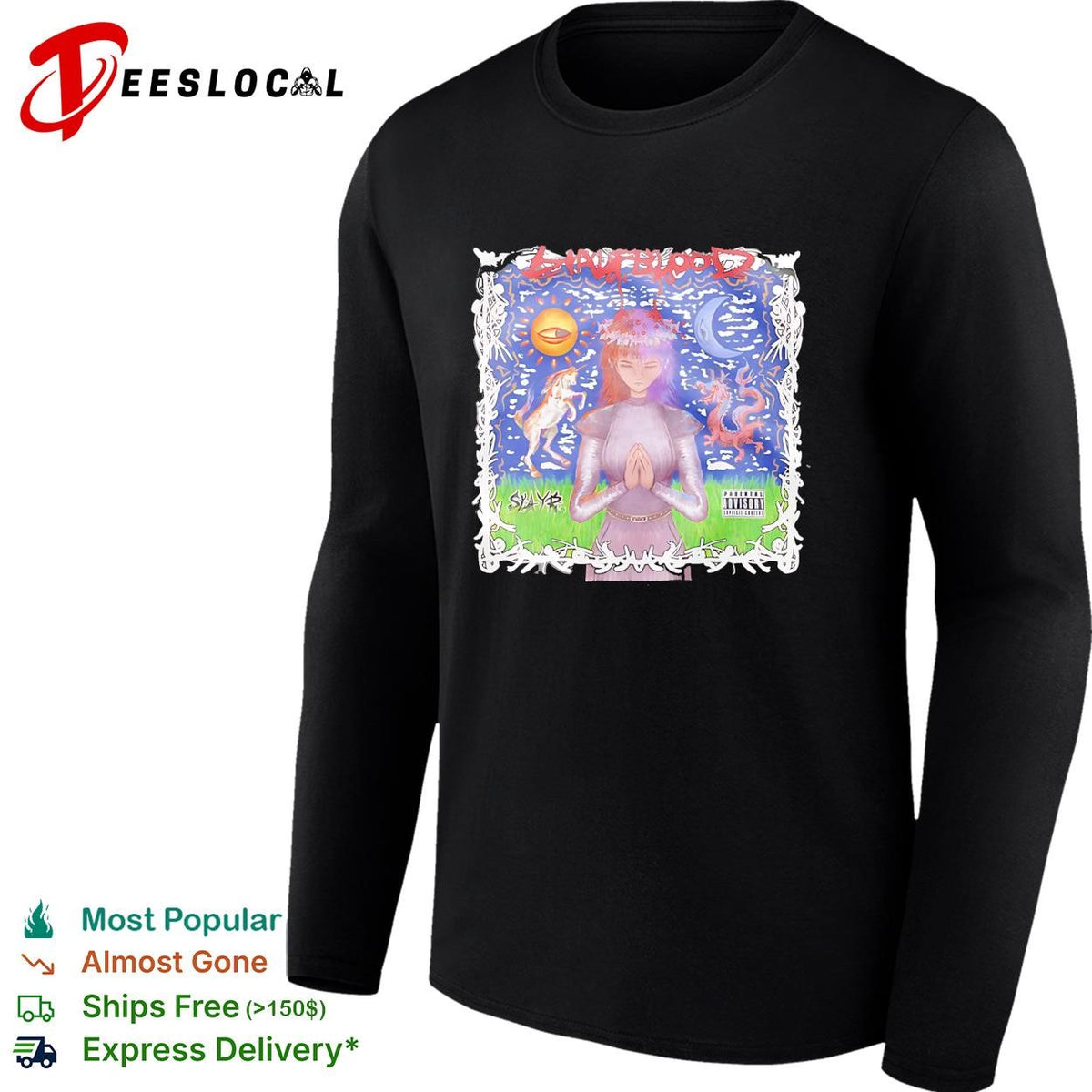 Slaughblood praying woman with unicorn and dragon parental advisory poster shirt