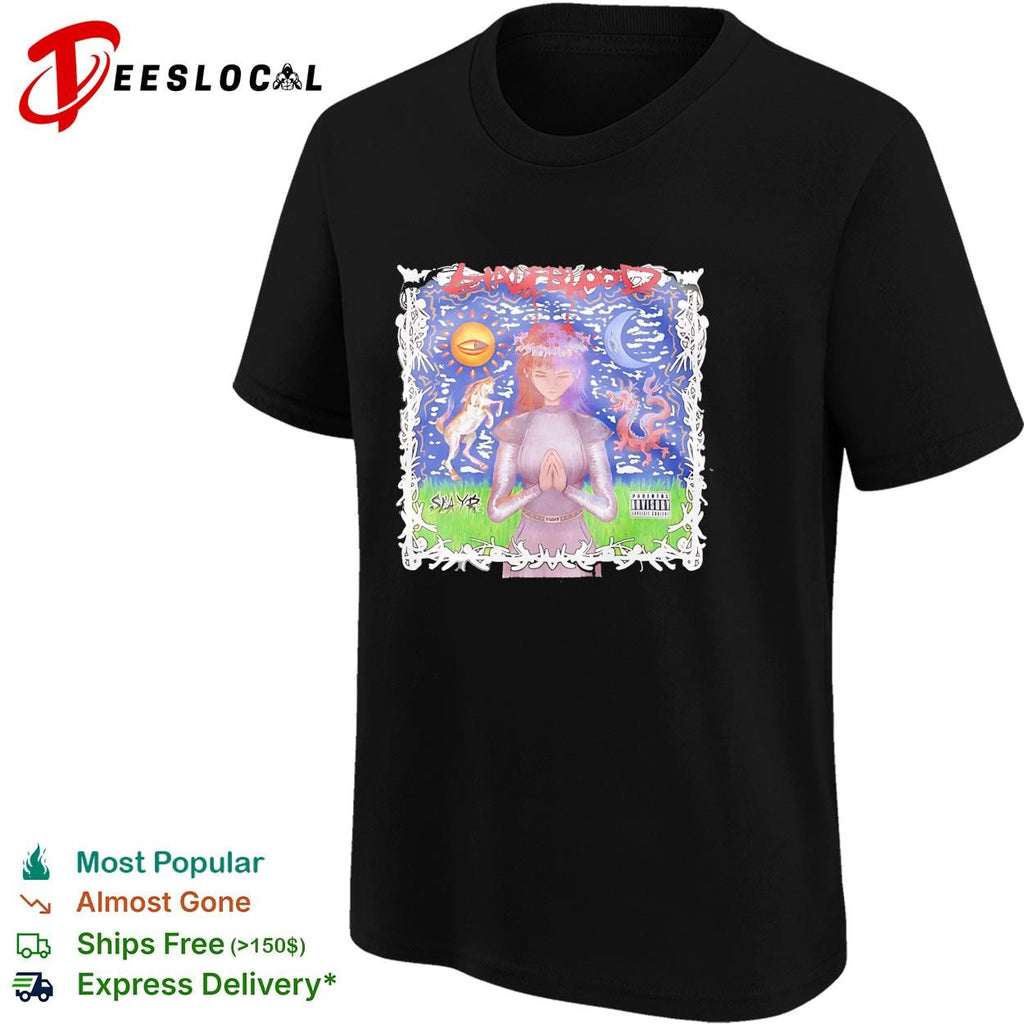 Slaughblood praying woman with unicorn and dragon parental advisory poster shirt