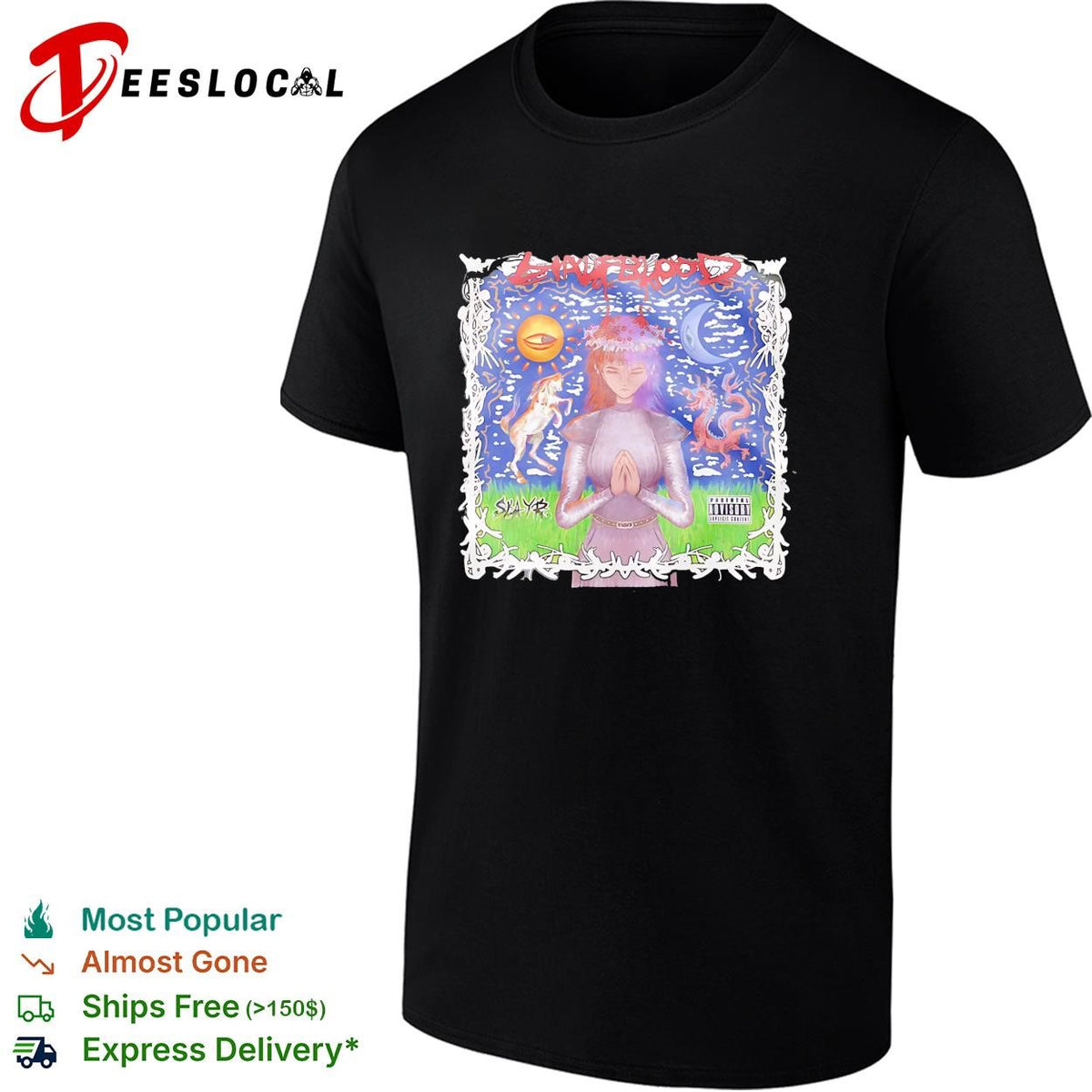 Slaughblood praying woman with unicorn and dragon parental advisory poster shirt