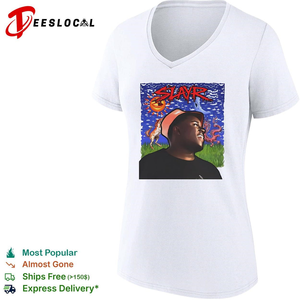 Slayr man portrait illustration under glowing sun and moon eye graphic shirt
