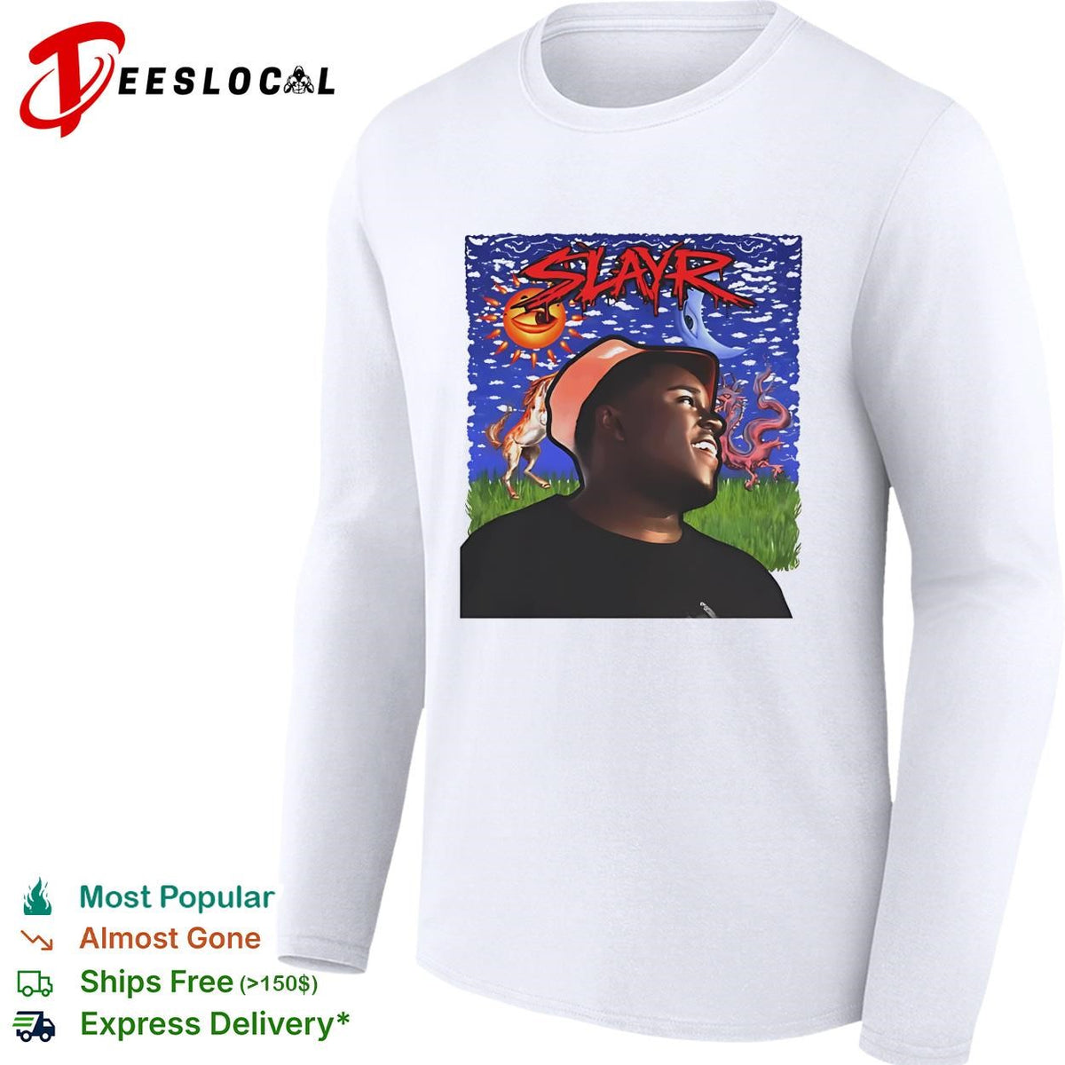 Slayr man portrait illustration under glowing sun and moon eye graphic shirt