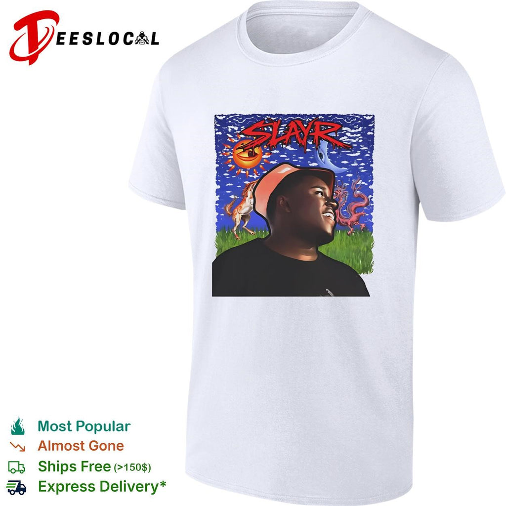 Slayr man portrait illustration under glowing sun and moon eye graphic shirt
