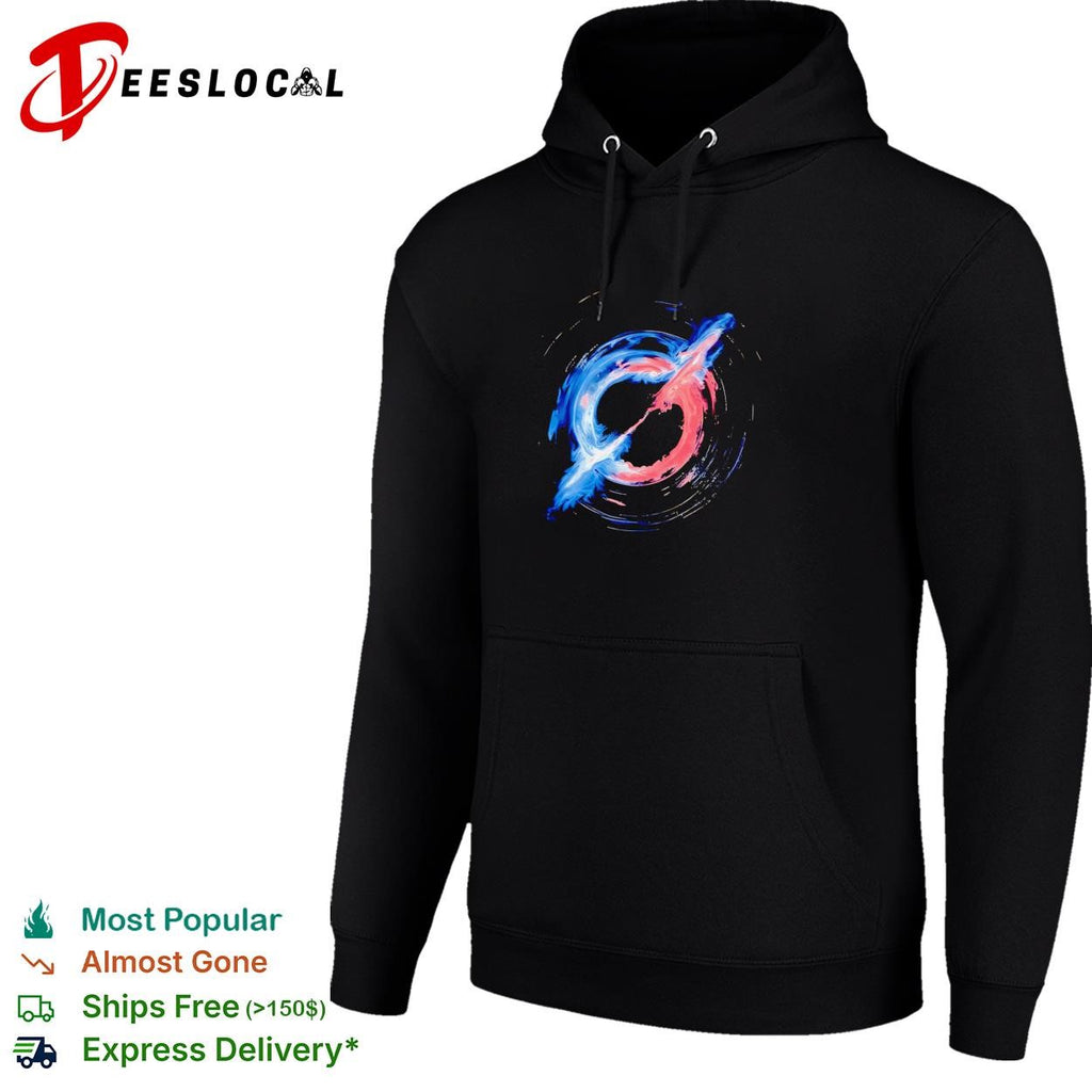 Slayr swirling blue and red nebula abstract paint art logo graphic shirt