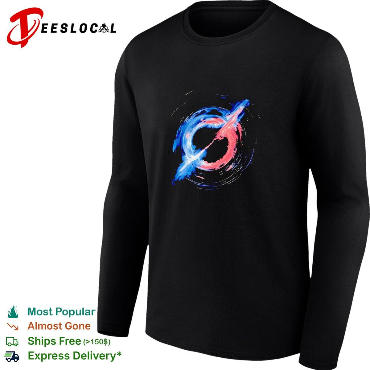 Slayr swirling blue and red nebula abstract paint art logo graphic shirt