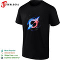 Slayr swirling blue and red nebula abstract paint art logo graphic shirt