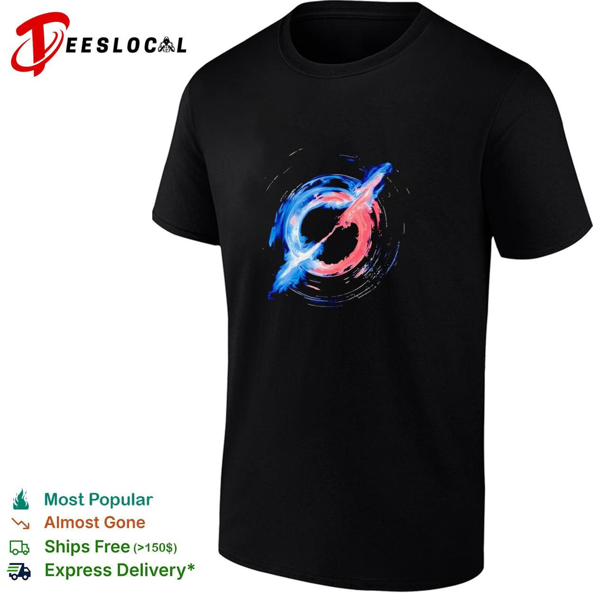 Slayr swirling blue and red nebula abstract paint art logo graphic shirt