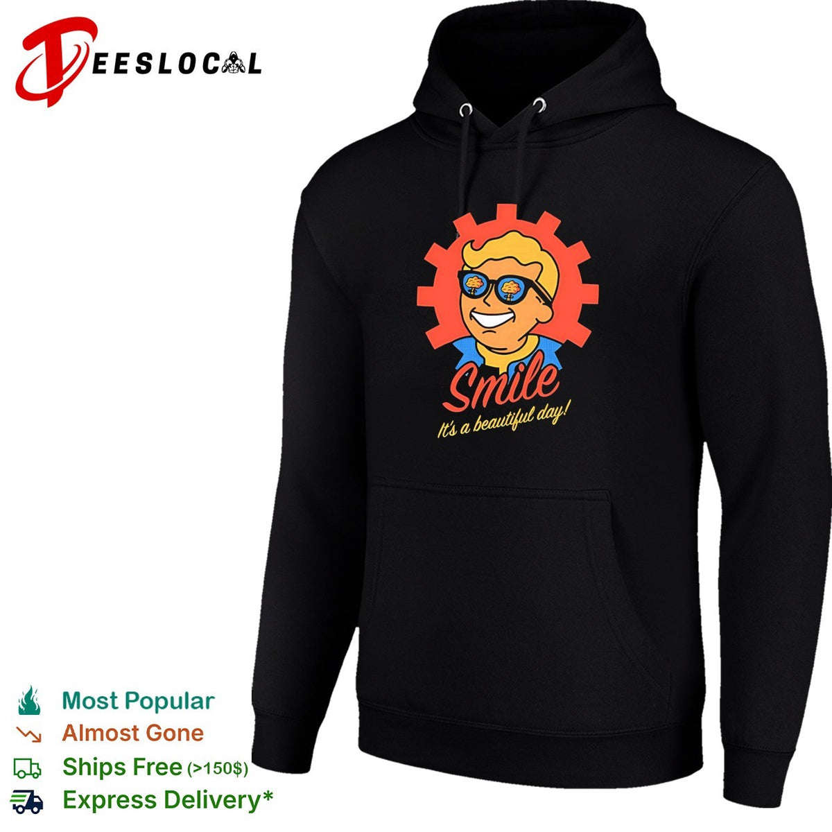 Smile it’s a beautiful day Vault Boy retro gear badge post-apocalyptic art shirt