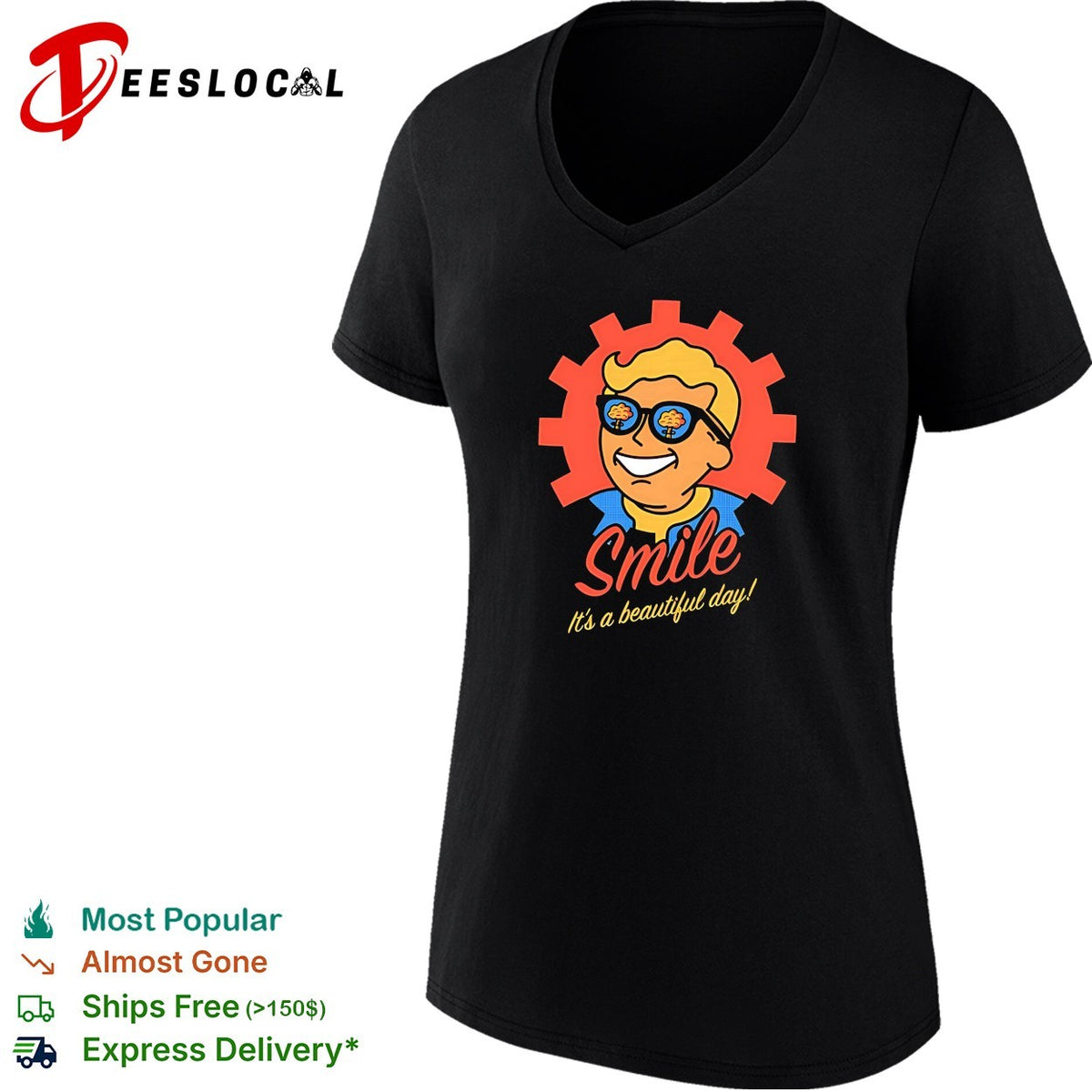 Smile it’s a beautiful day Vault Boy retro gear badge post-apocalyptic art shirt