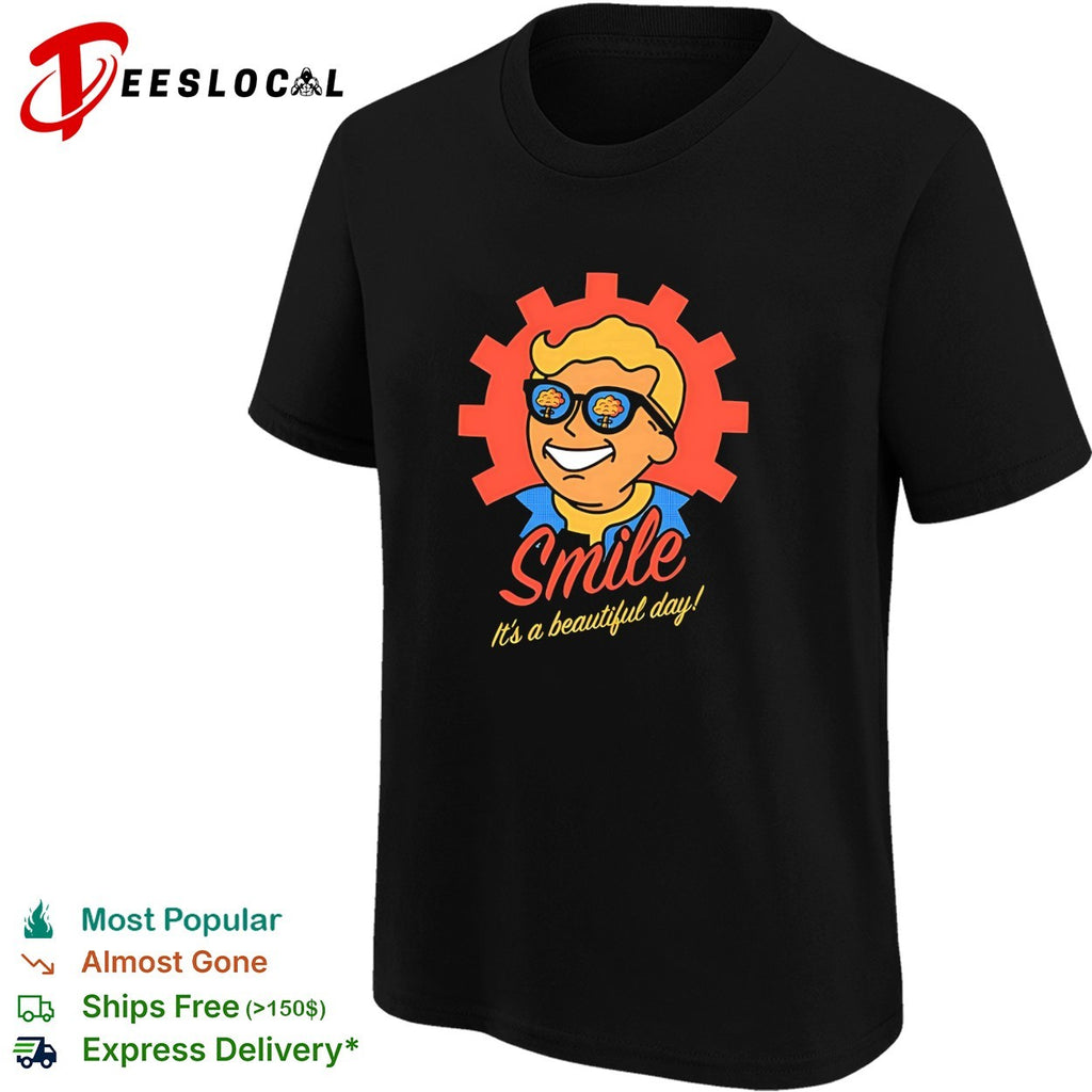 Smile it’s a beautiful day Vault Boy retro gear badge post-apocalyptic art shirt