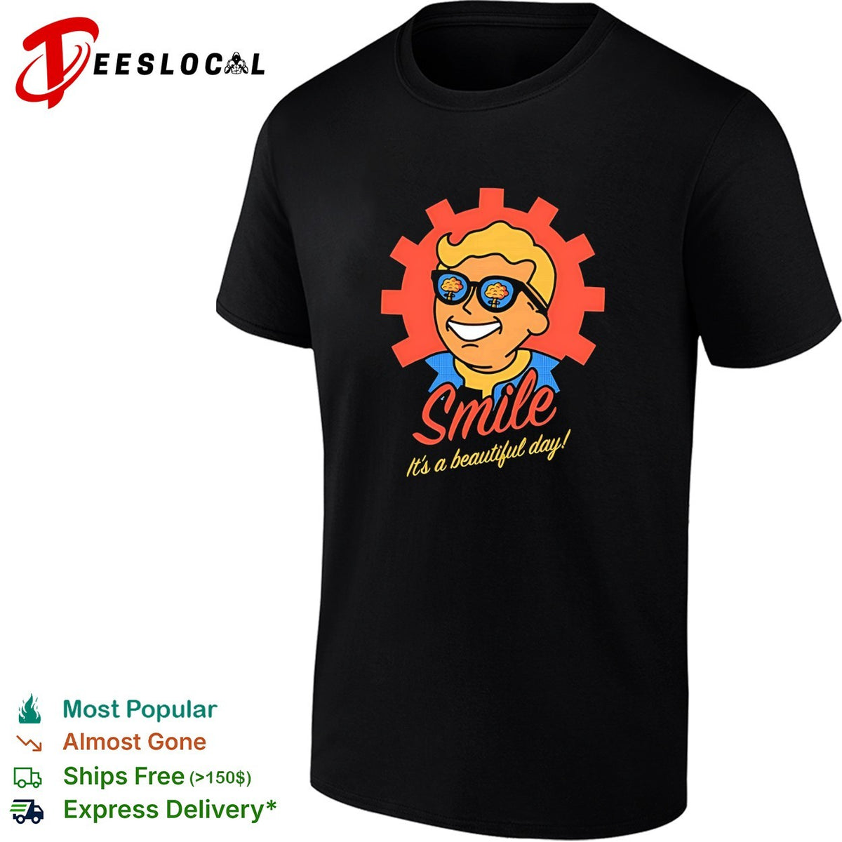 Smile it’s a beautiful day Vault Boy retro gear badge post-apocalyptic art shirt