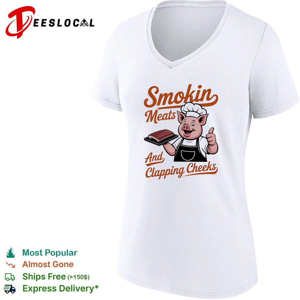 Smokin meats and clapping cheeks pig chef BBQ script lettering graphic shirt
