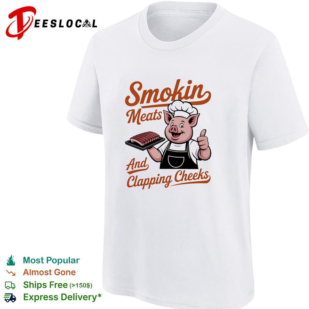 Smokin meats and clapping cheeks pig chef BBQ script lettering graphic shirt