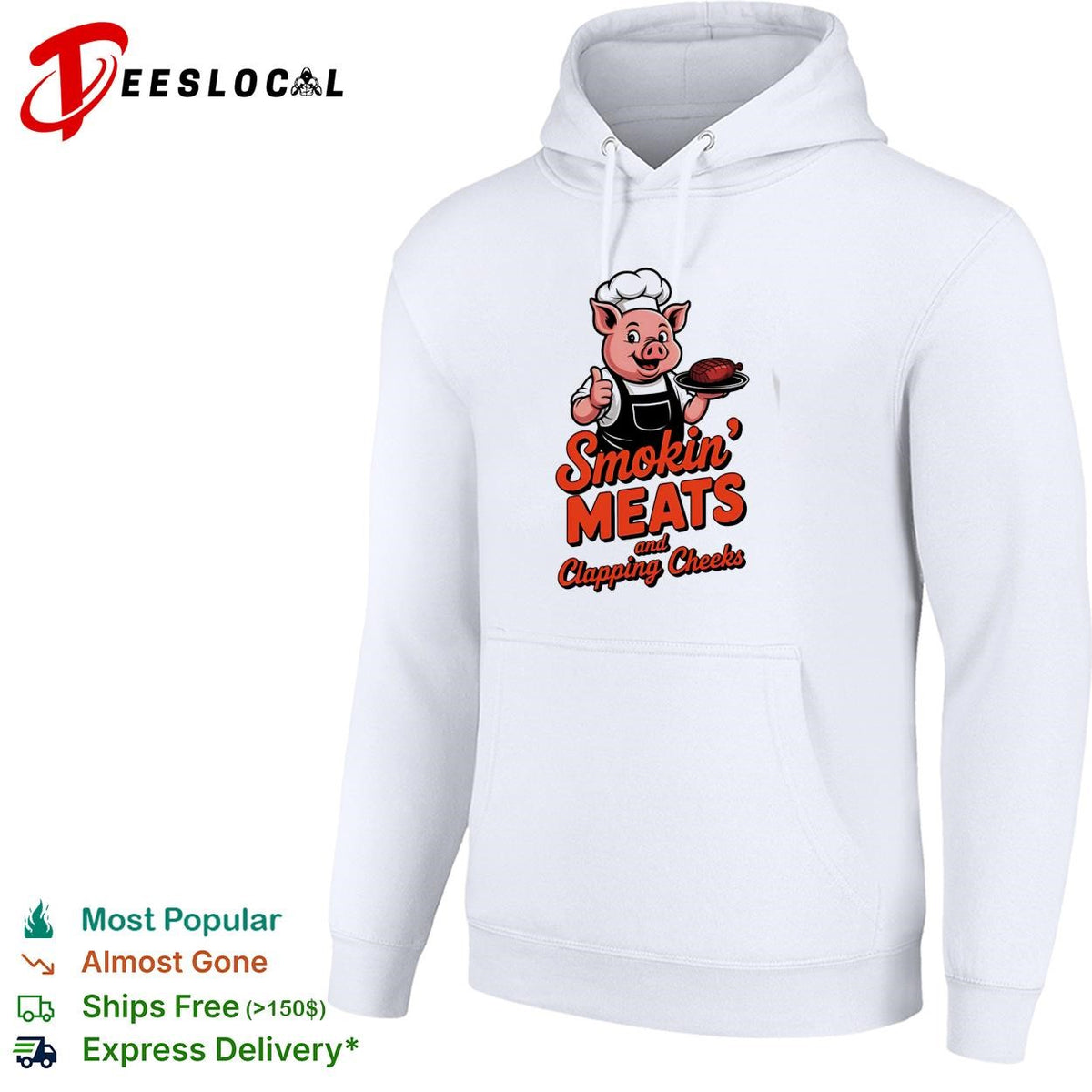 Smokin meats and clapping cheeks pig chef BBQ stacked text logo graphic shirt
